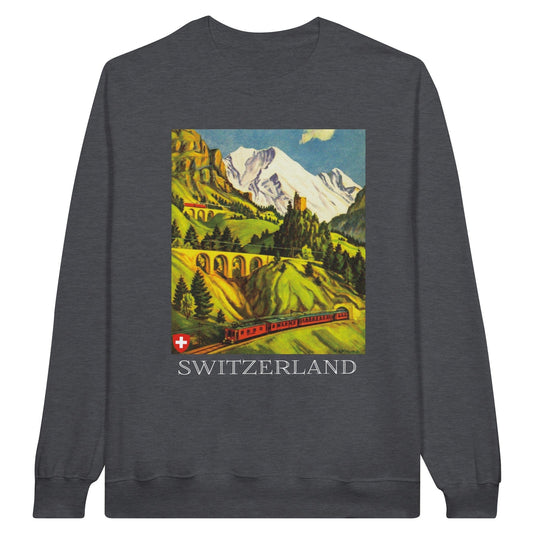 Switzerland Vintage Travel Vibes Sweatshirt featuring a vintage travel poster of a mountain pass with a red train in the Alps