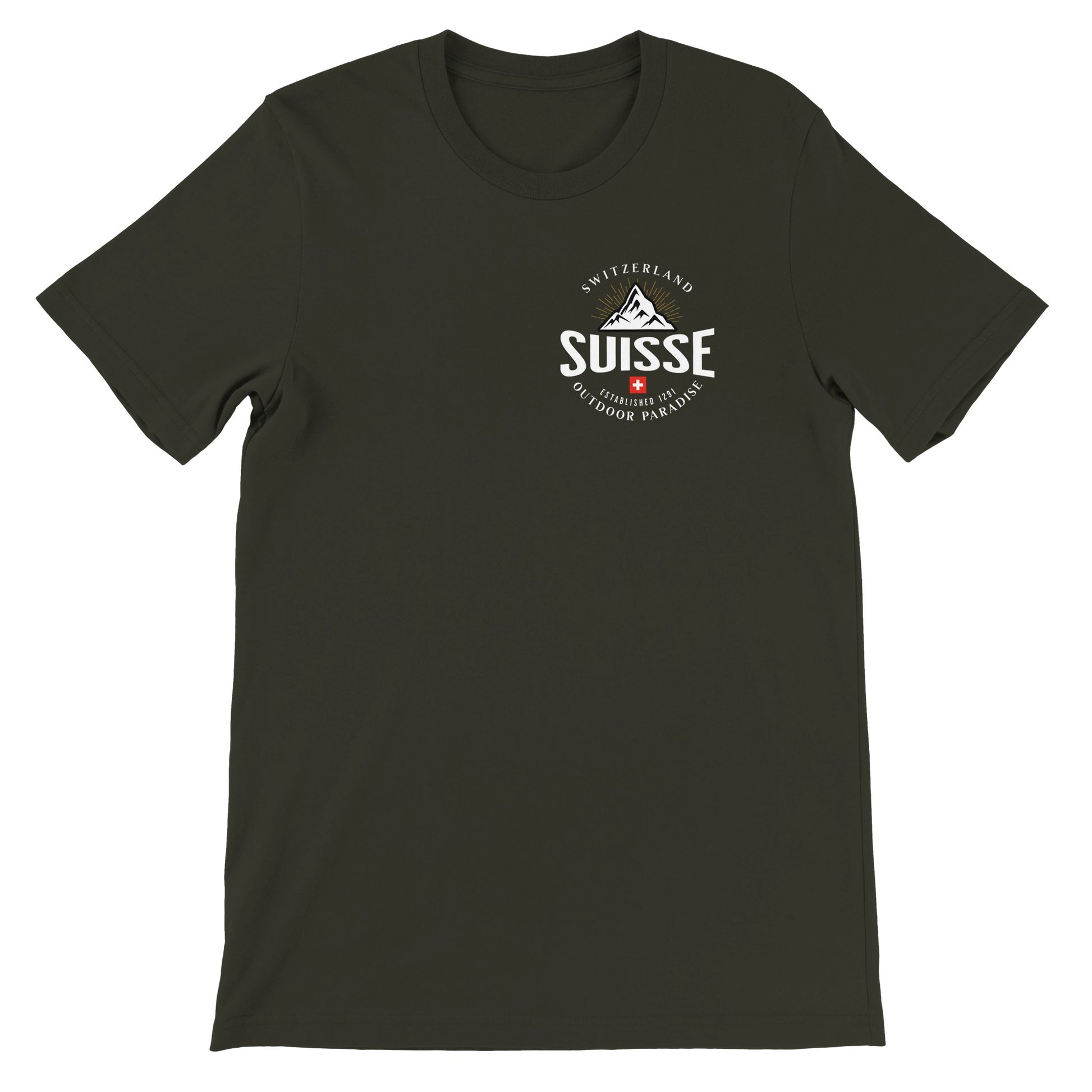 Suisse Outdoor Paradise t-shirt featuring small front pocket design and large back graphic of Swiss mountains and cross.