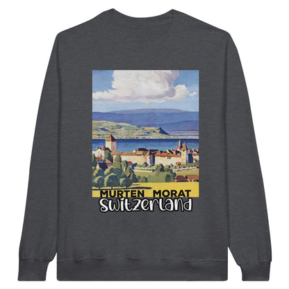 Vintage travel poster sweatshirt featuring Murten Morat, Switzerland