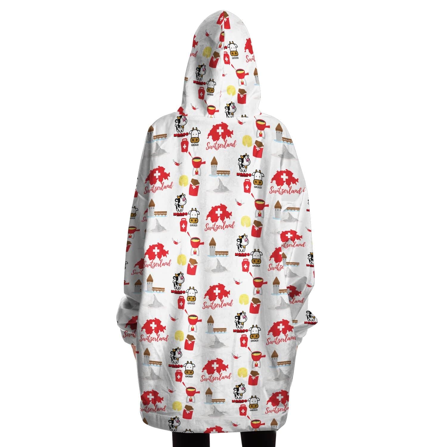 Switzerland Icons Snug Hoodie with Matterhorn and Swiss culture icons pattern