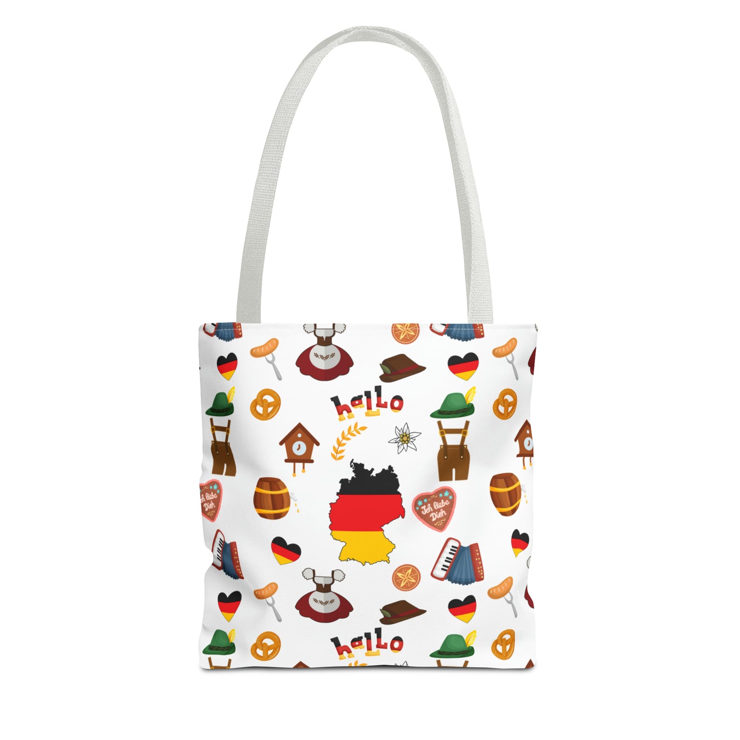 Authentic German Charm Tote: Flag, Traditional Attire, Pretzels, Sausages & More! Ideal for Wanderlust Souls (AOP)