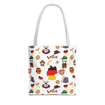 Authentic German Charm Tote: Flag, Traditional Attire, Pretzels, Sausages & More! Ideal for Wanderlust Souls (AOP)