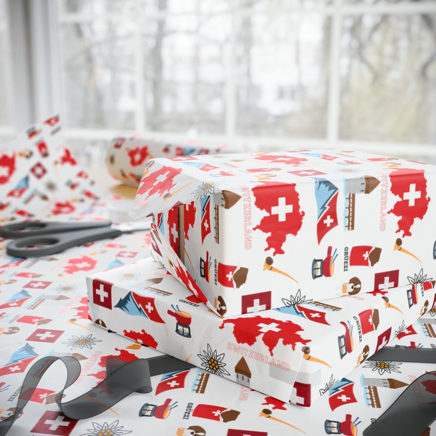 Swiss Travel and Culture Wrapping Paper - Swiss Map, Matterhorn, Edelweiss, Fondue, Chapel Bridge