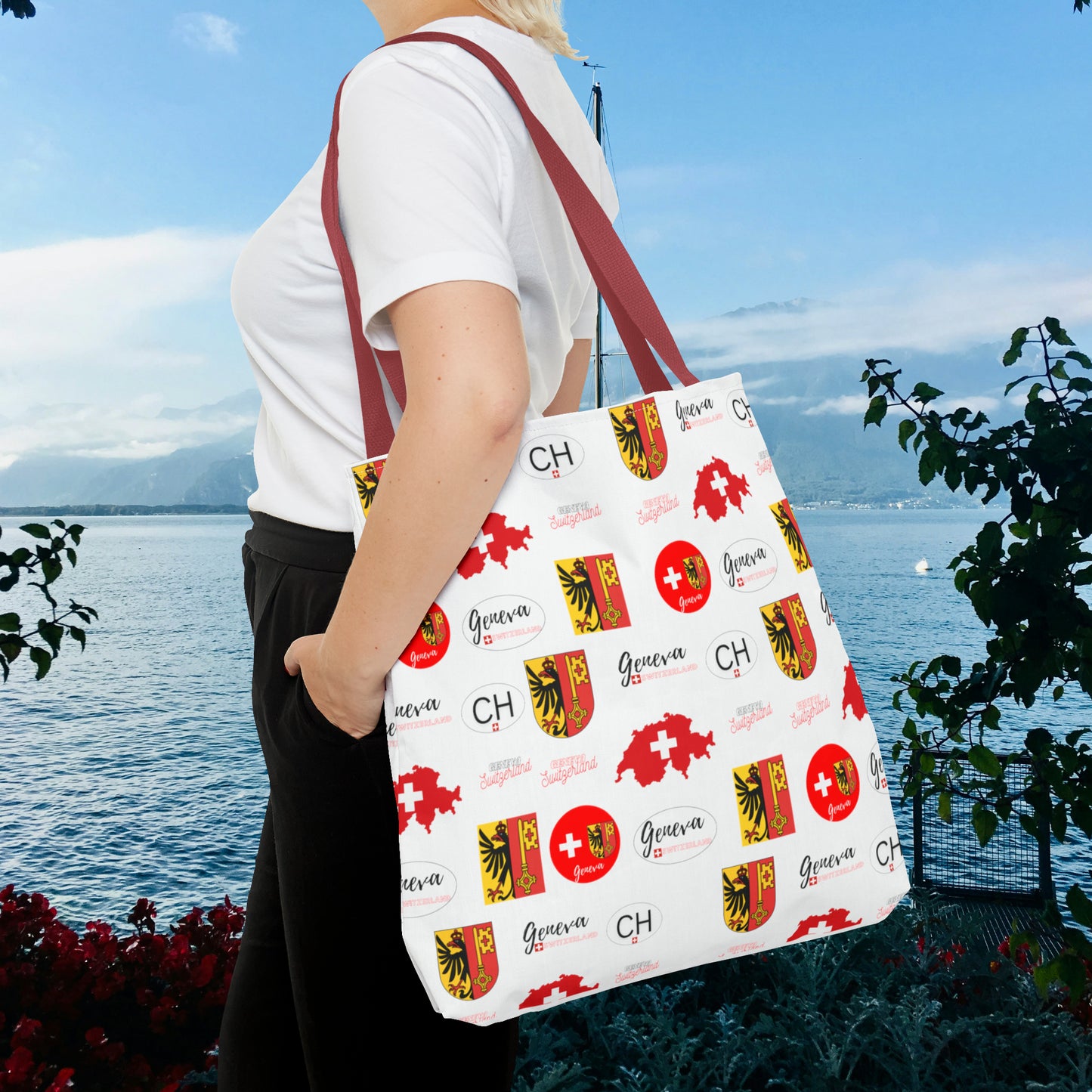 Swiss Splendor Tote: Geneva Coat of Arms, Flag, and Map Pattern