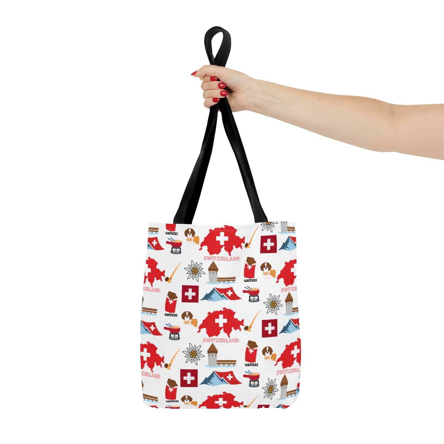 Swiss Travel and Culture Elements Pattern Tote Bag featuring iconic symbols such as the Swiss flag, chocolate, and the Edelweiss