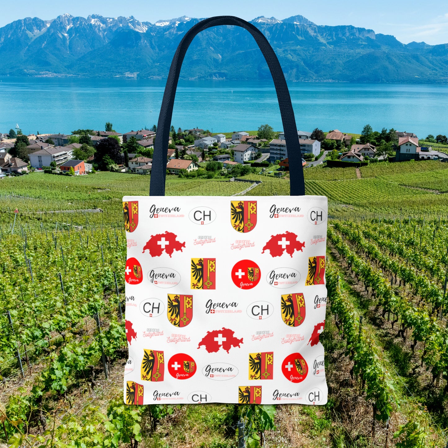 Swiss Splendor Tote: Geneva Coat of Arms, Flag, and Map Pattern