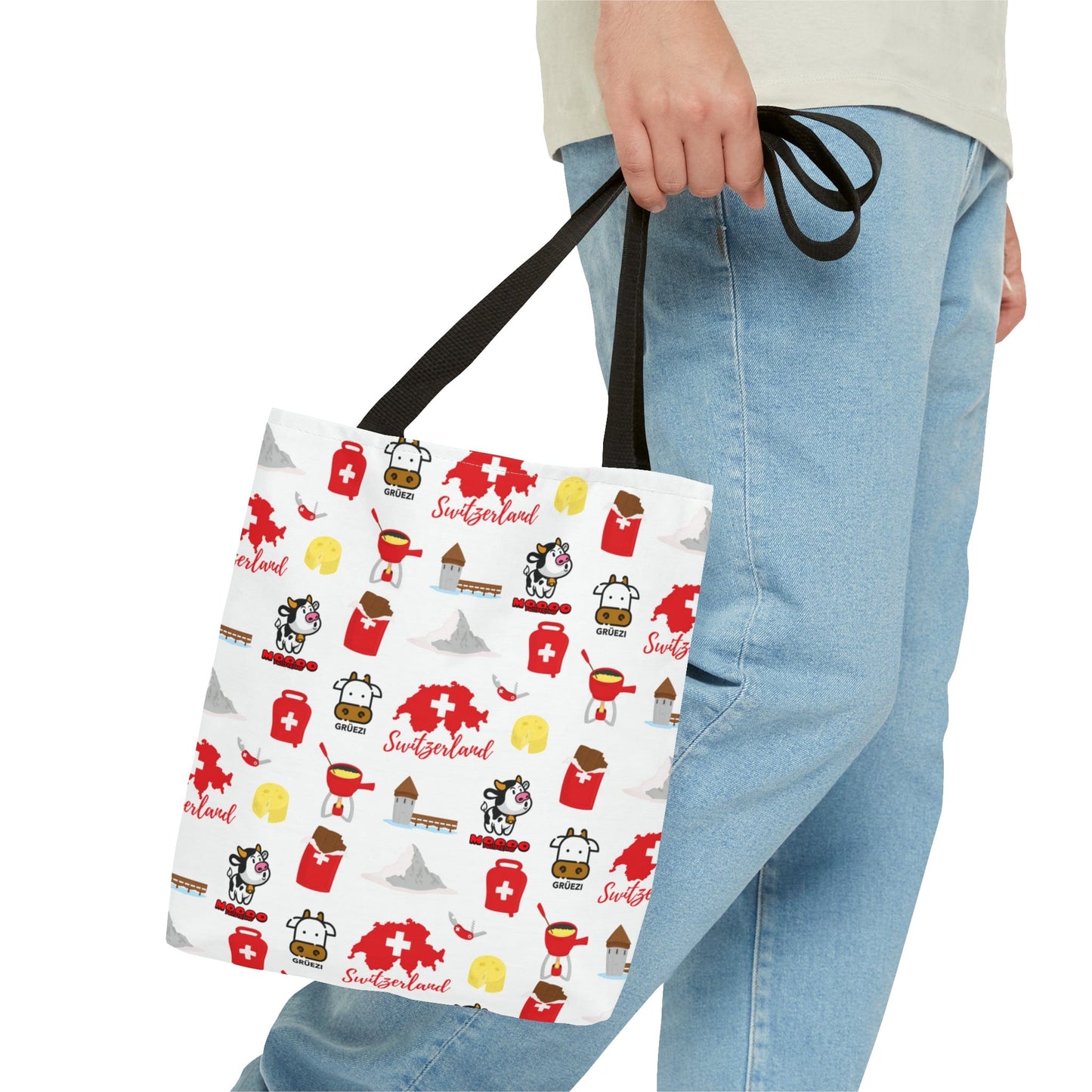 Swiss Travel Icons Pattern Tote Bag with Switzerland map, Swiss chocolate, Chapel Bridge, Swiss cheese, fondue, and Matterhorn design