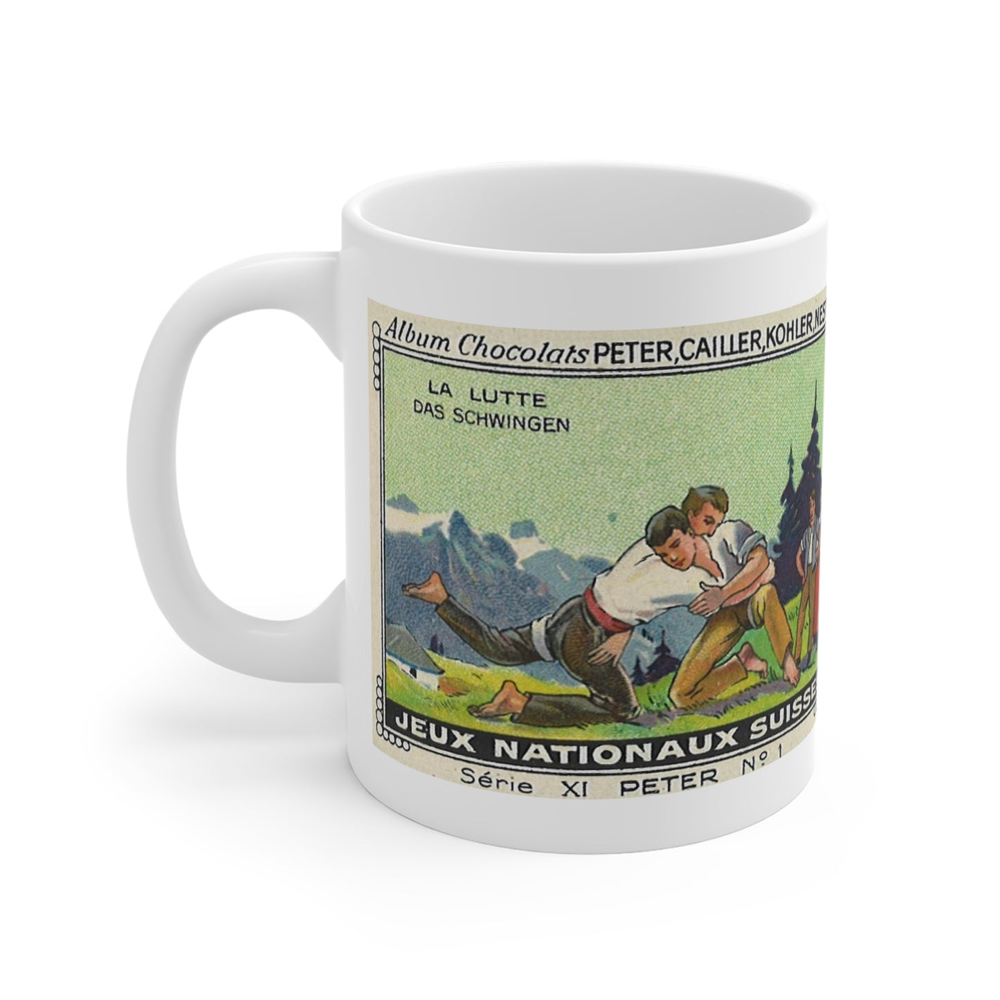 Swiss Traditional "Schwingen" | Vintage Swiss Wrestling Scene in the Alps Mug (White)