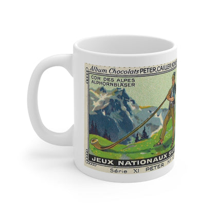 Swiss Alphorn Player Scene in the Alps  | Immerse Yourself in Alpine Melodies with Our Vintage Painting Mug