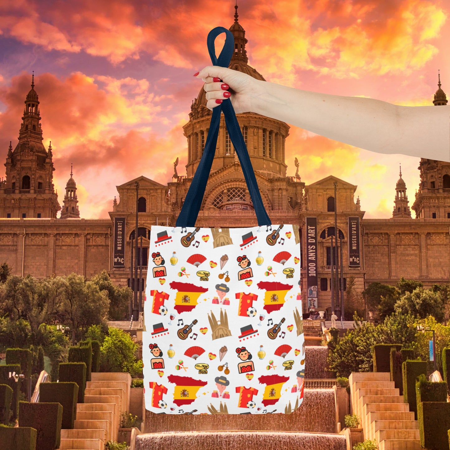 Discover Spain in Style: Vibrant Travel Tote Bag with Iconic Pattern