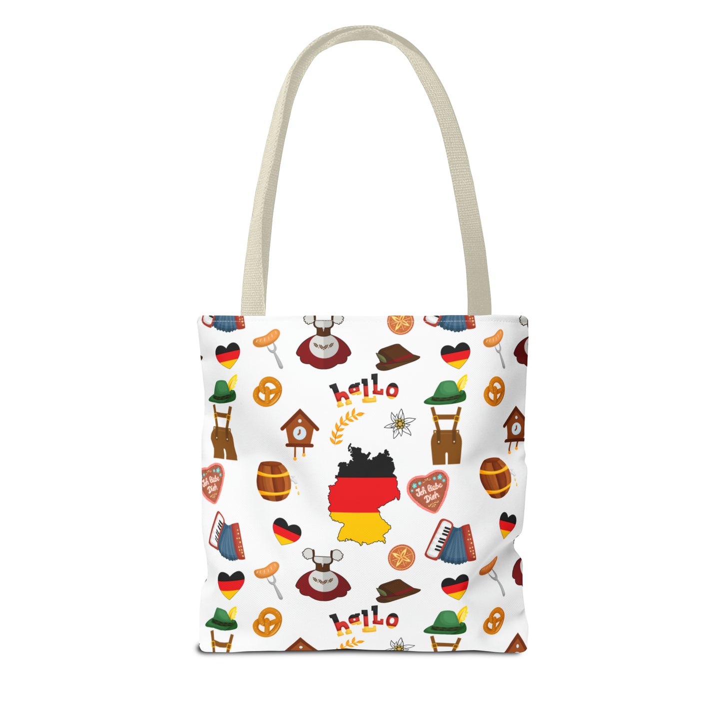 Authentic German Charm Tote: Flag, Traditional Attire, Pretzels, Sausages & More! Ideal for Wanderlust Souls (AOP)