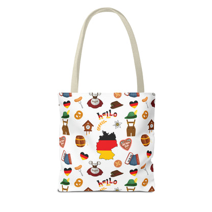 Authentic German Charm Tote: Flag, Traditional Attire, Pretzels, Sausages & More! Ideal for Wanderlust Souls (AOP)