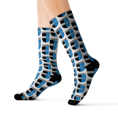 Detailed view of sublimation socks featuring the emblem of the Swiss canton of Aargau, reflecting its rich cultural significance.