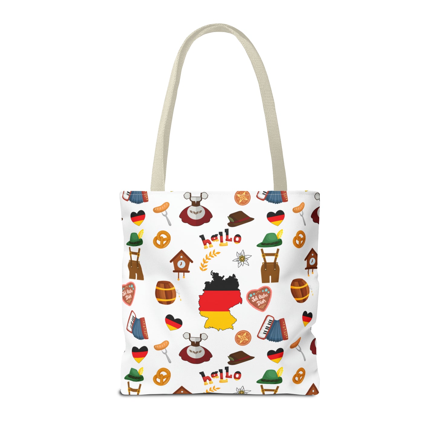 Authentic German Charm Tote: Flag, Traditional Attire, Pretzels, Sausages & More! Ideal for Wanderlust Souls (AOP)