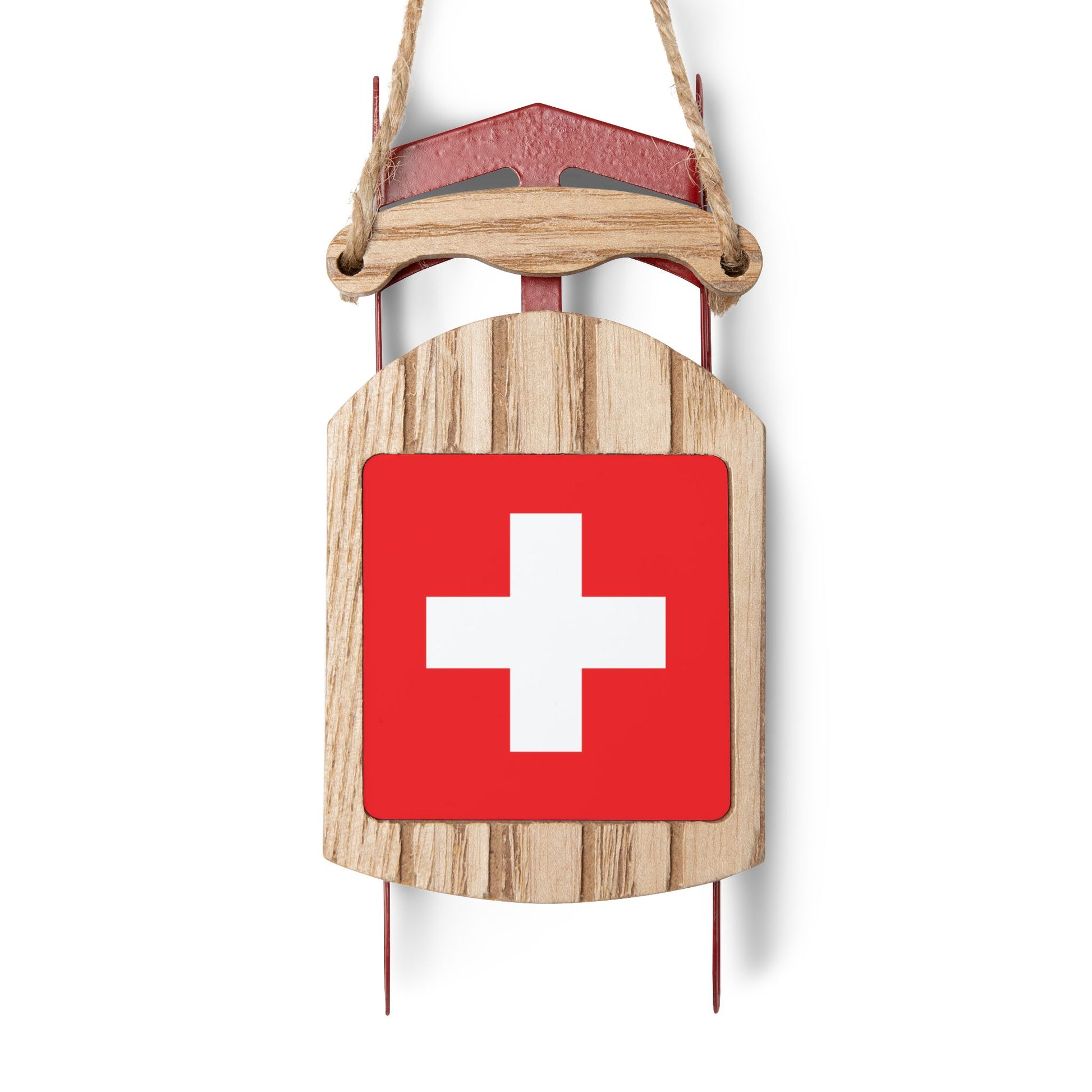 Rustic sled ornament with Swiss flag for Christmas tree decoration