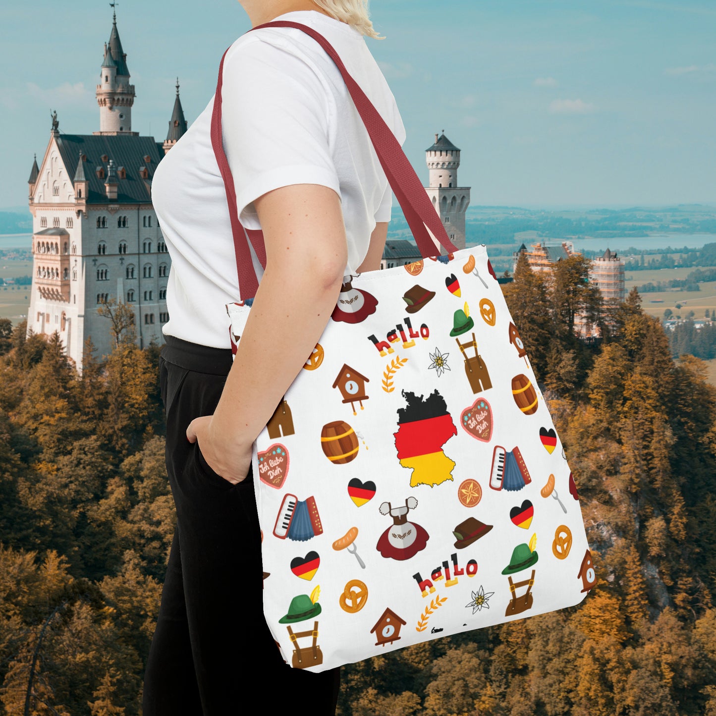 Authentic German Charm Tote: Flag, Traditional Attire, Pretzels, Sausages & More! Ideal for Wanderlust Souls (AOP)