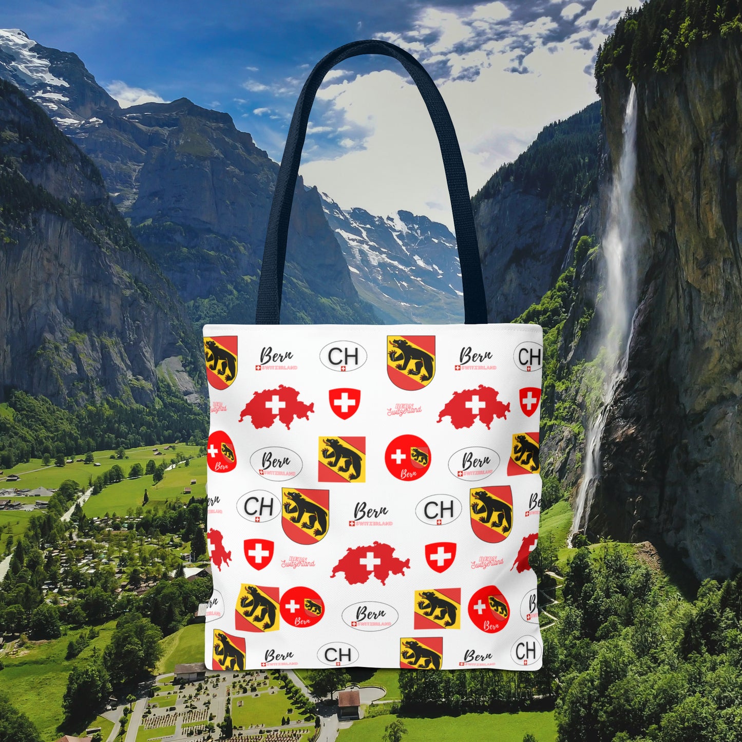 Bern Beauty All Over Tote: Swiss Flag, Coat of Arms & Map Pattern