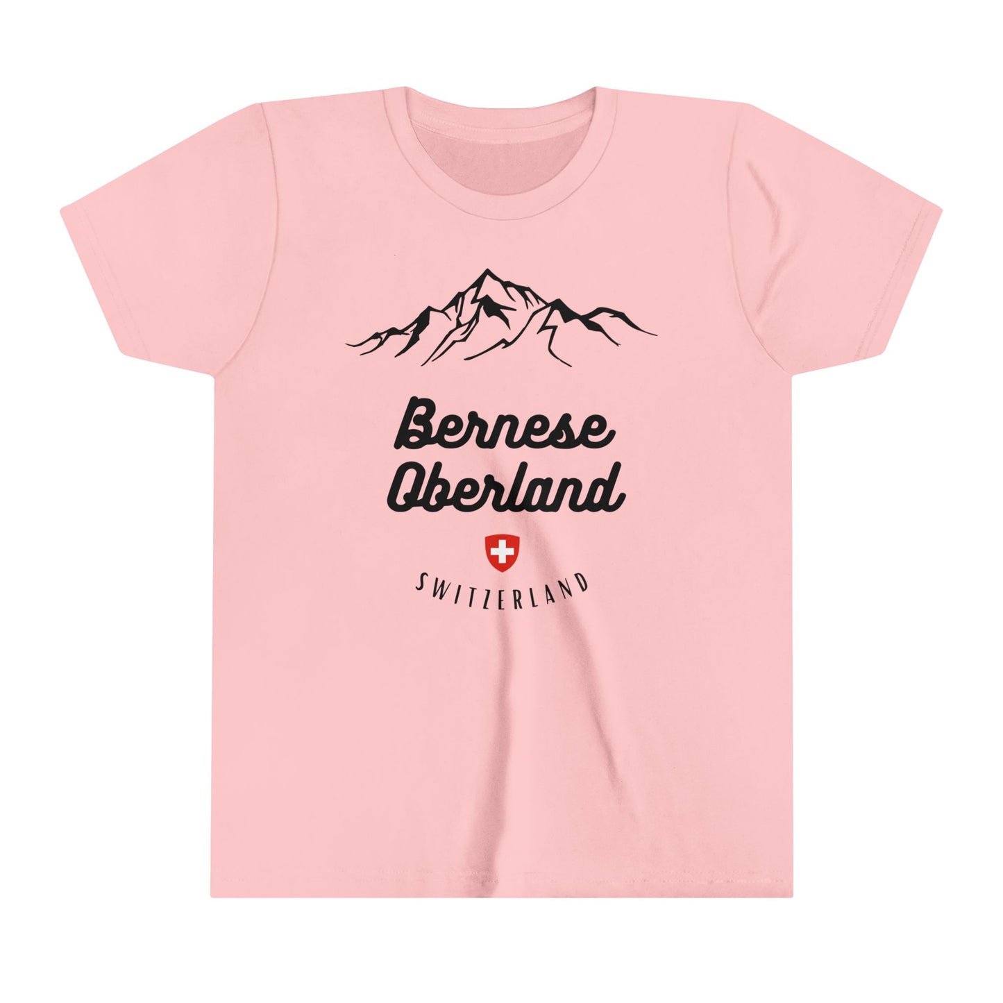 kids hiking shirt with a sleek mountain range and iconic Swiss crest