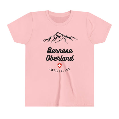 kids hiking shirt with a sleek mountain range and iconic Swiss crest