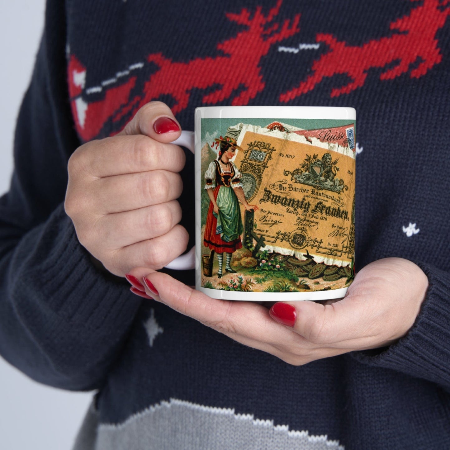 Swiss vintage painting of early days money mug