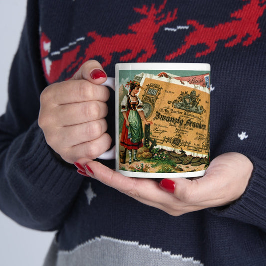 Swiss vintage painting of early days money mug