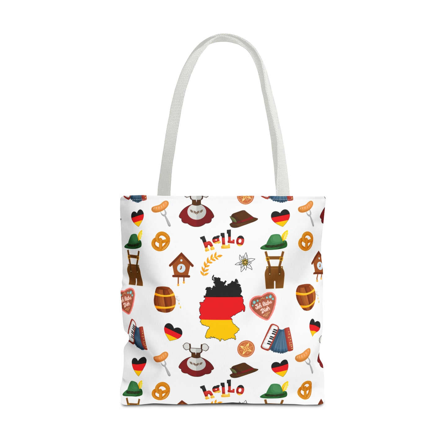 Authentic German Charm Tote: Flag, Traditional Attire, Pretzels, Sausages & More! Ideal for Wanderlust Souls (AOP)