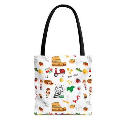 Italian Icons Tote Bag: Pizza, Coliseum, Coffee & More! Explore Italy's Charm in Style AOP