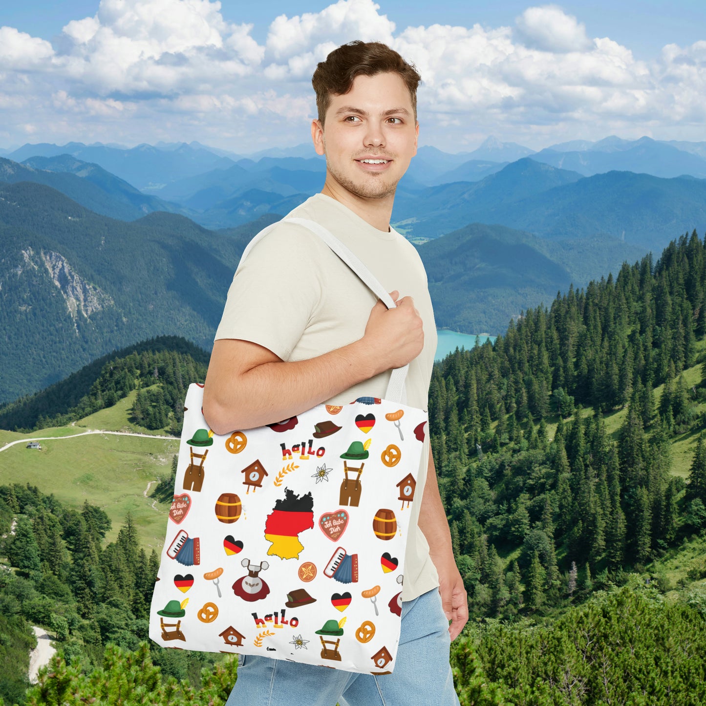 Authentic German Charm Tote: Flag, Traditional Attire, Pretzels, Sausages & More! Ideal for Wanderlust Souls (AOP)