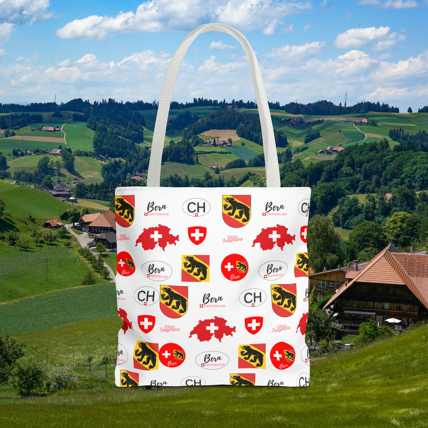 Bern Beauty All Over Tote: Swiss Flag, Coat of Arms & Map Pattern