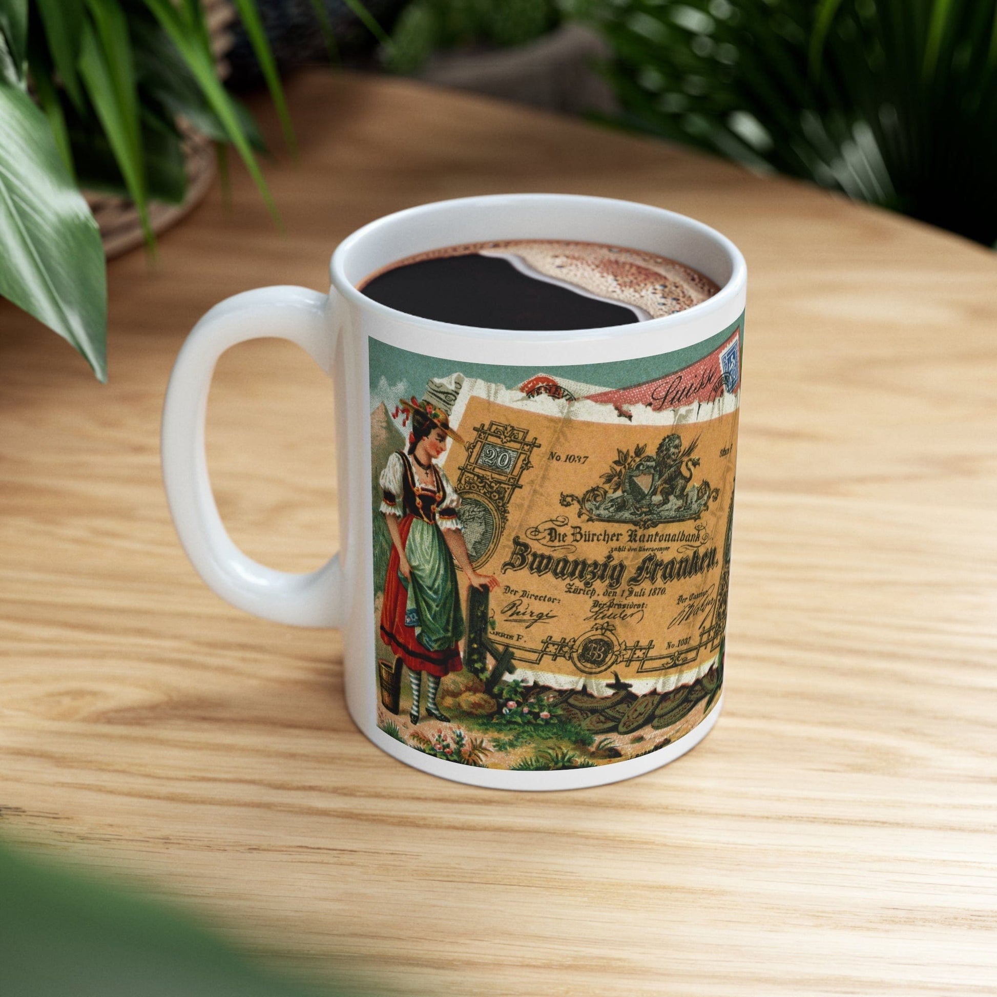 Swiss vintage painting of early days money mug