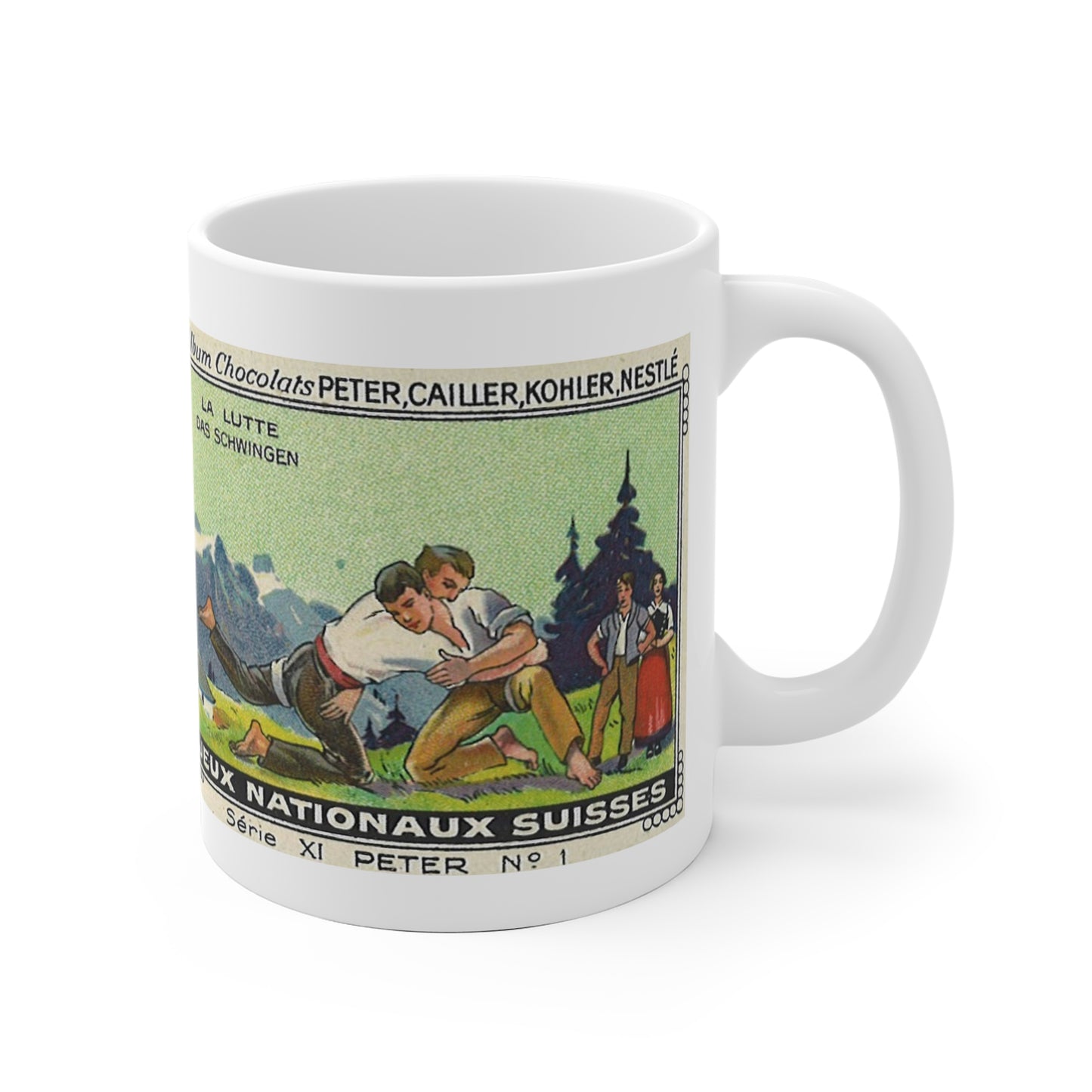 Swiss Traditional "Schwingen" | Vintage Swiss Wrestling Scene in the Alps Mug (White)