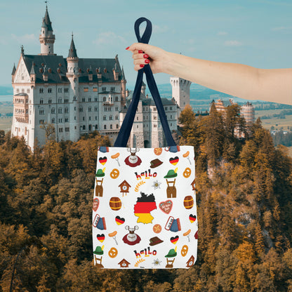 Authentic German Charm Tote: Flag, Traditional Attire, Pretzels, Sausages & More! Ideal for Wanderlust Souls (AOP)