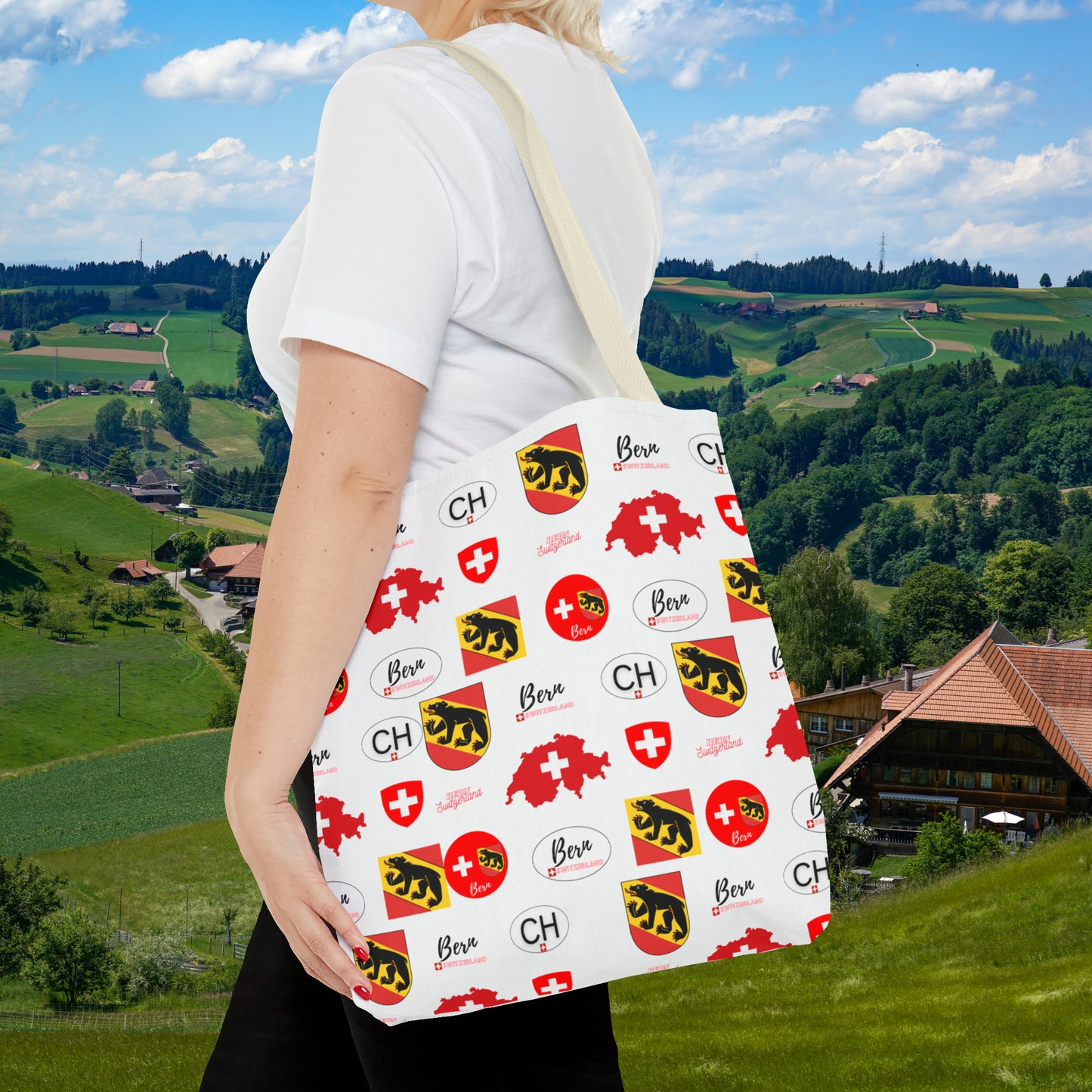 Bern Beauty All Over Tote: Swiss Flag, Coat of Arms & Map Pattern