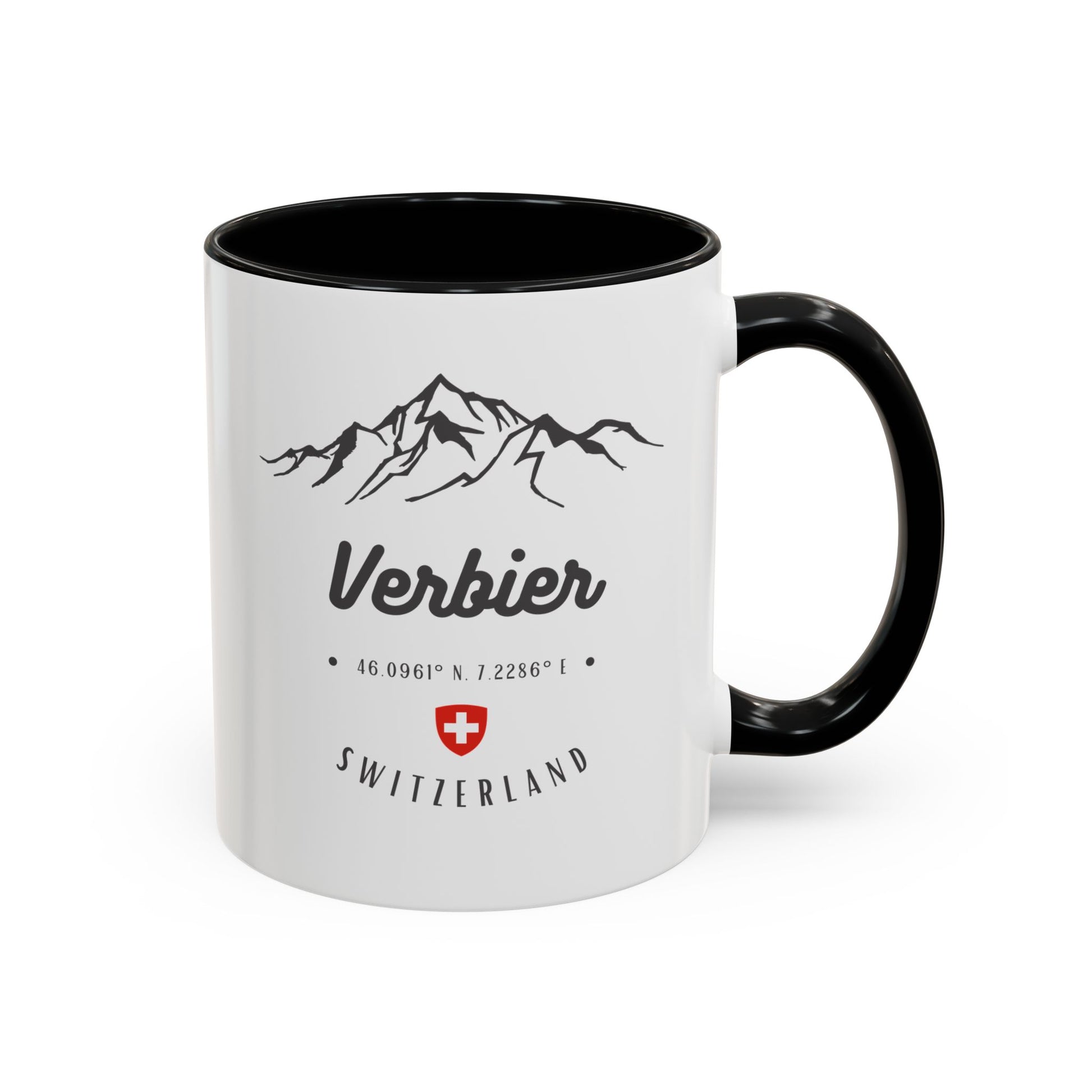 Verbier Switzerland mug with coordinates and swiss Crest black white