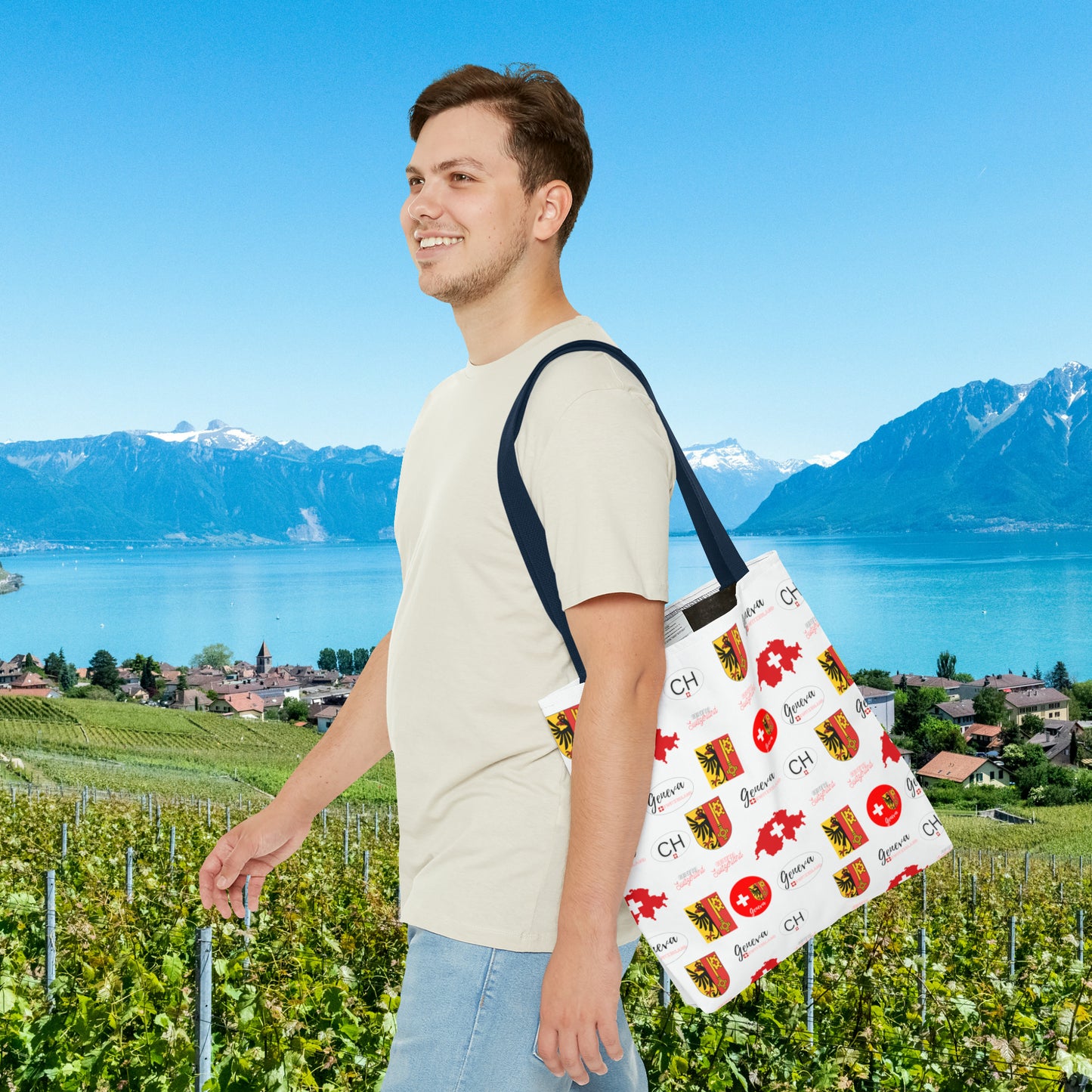 Swiss Splendor Tote: Geneva Coat of Arms, Flag, and Map Pattern