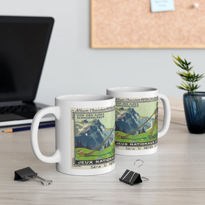 Swiss Alphorn Player Scene in the Alps  | Immerse Yourself in Alpine Melodies with Our Vintage Painting Mug