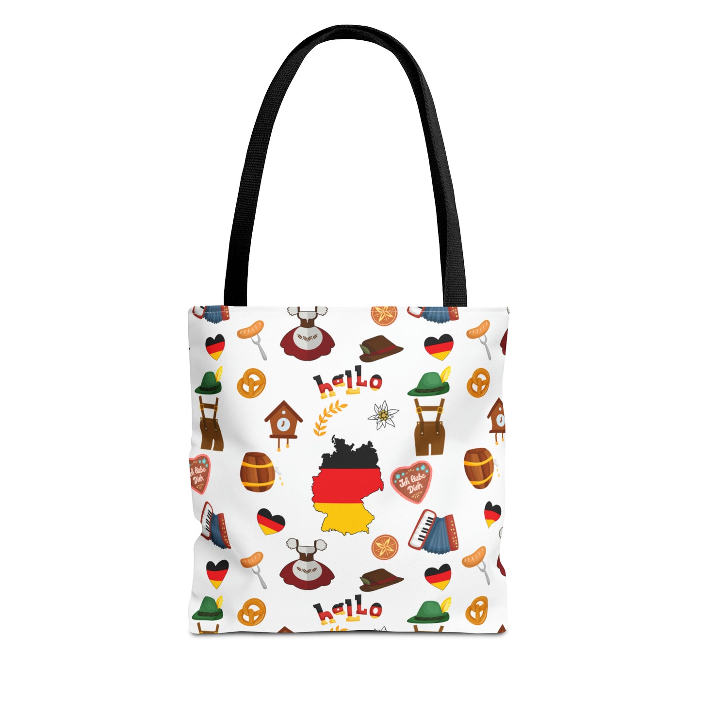 Authentic German Charm Tote: Flag, Traditional Attire, Pretzels, Sausages & More! Ideal for Wanderlust Souls (AOP)