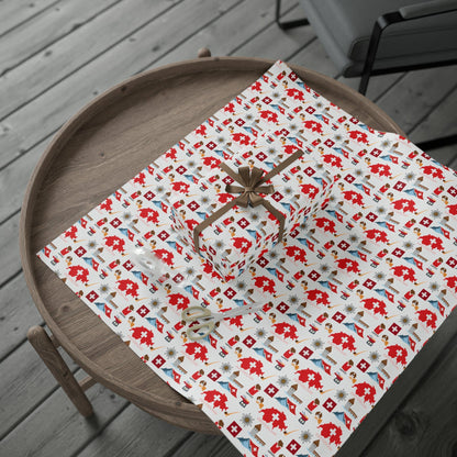 Swiss Travel and Culture Wrapping Paper - Swiss Map, Matterhorn, Edelweiss, Fondue, Chapel Bridge