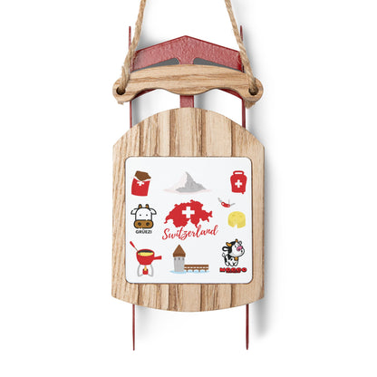 Swiss culture wooden sled ornament with iconic Switzerland symbols for holiday decor