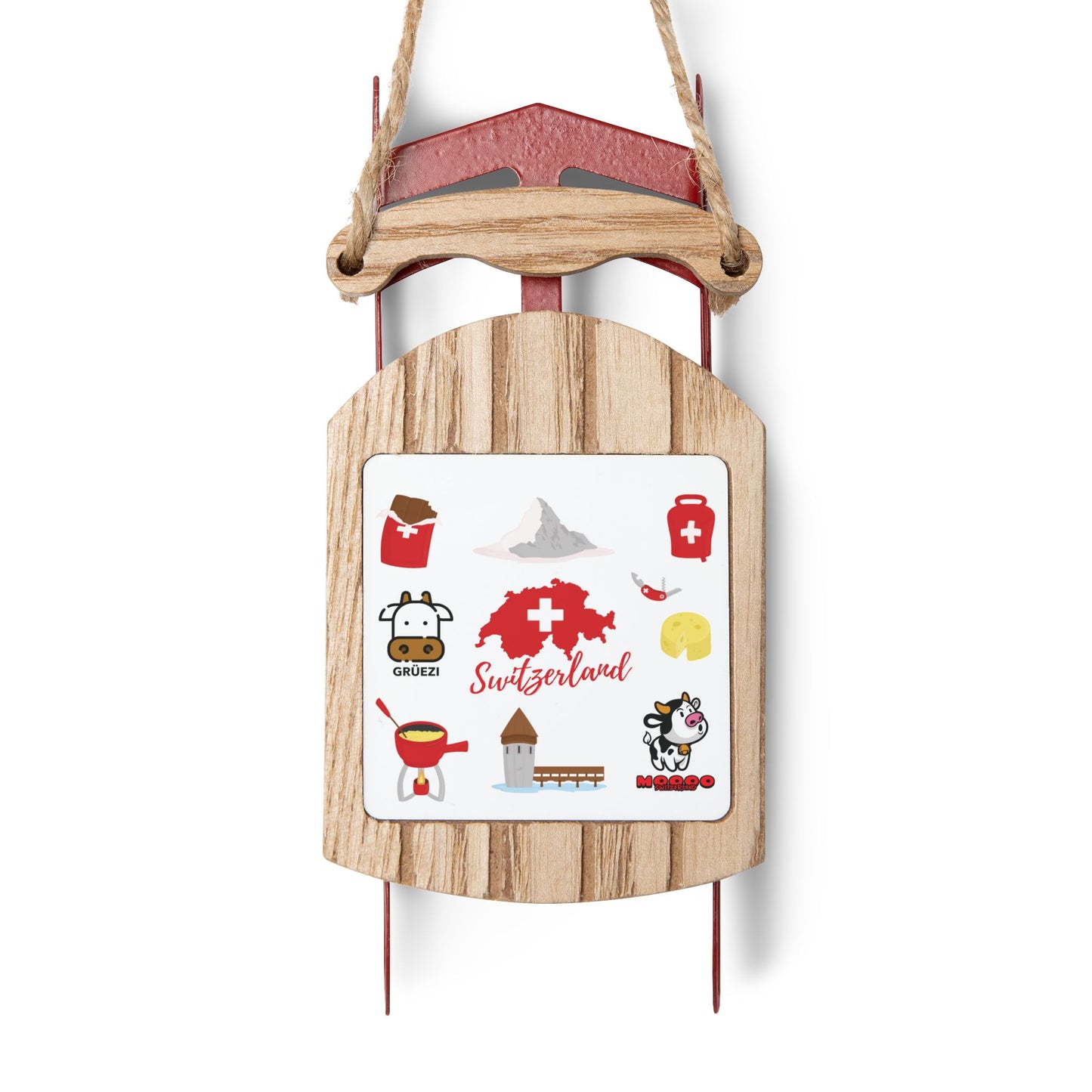 🇨🇭 Swiss Culture Wooden Sled Ornament – Adorable Switzerland Travel Icons for Holiday Décor | Perfect Swiss-Themed Christmas Gift 🎄