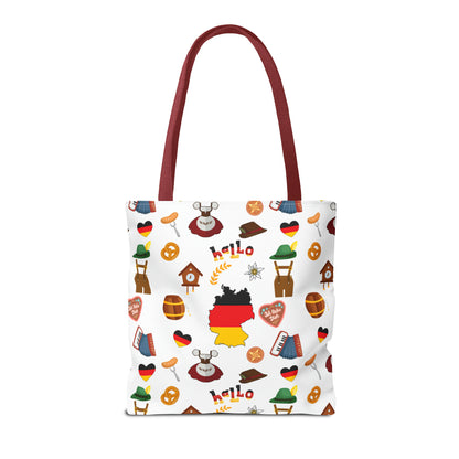 Authentic German Charm Tote: Flag, Traditional Attire, Pretzels, Sausages & More! Ideal for Wanderlust Souls (AOP)