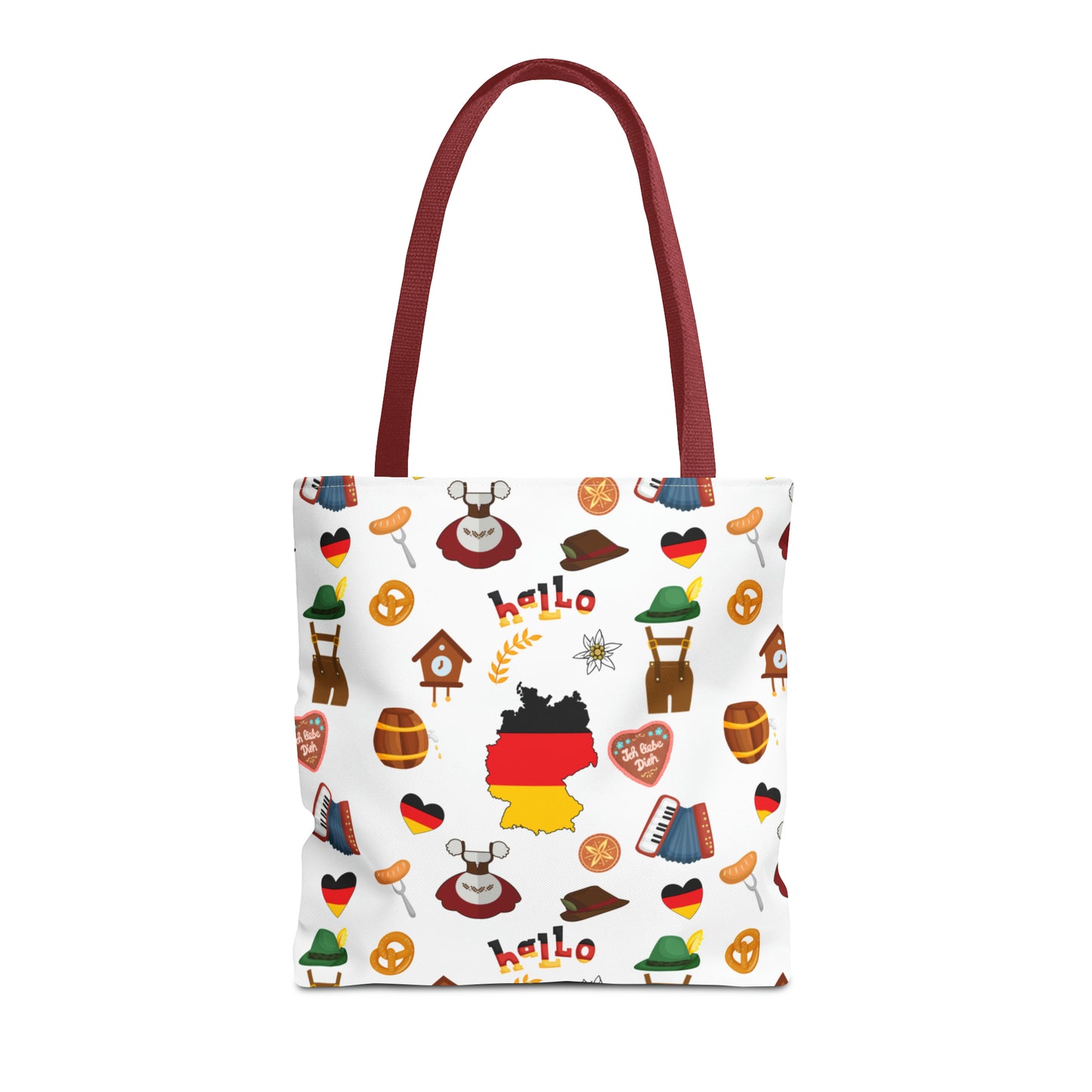 Authentic German Charm Tote: Flag, Traditional Attire, Pretzels, Sausages & More! Ideal for Wanderlust Souls (AOP)