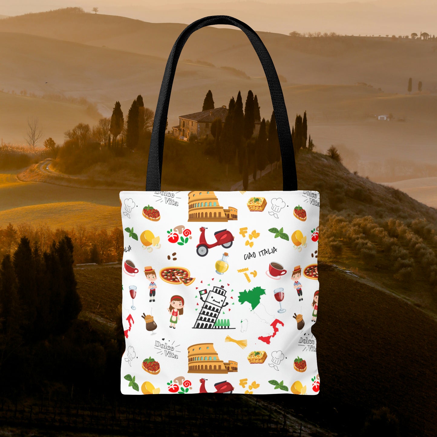 Italian Icons Tote Bag: Pizza, Coliseum, Coffee & More! Explore Italy's Charm in Style AOP