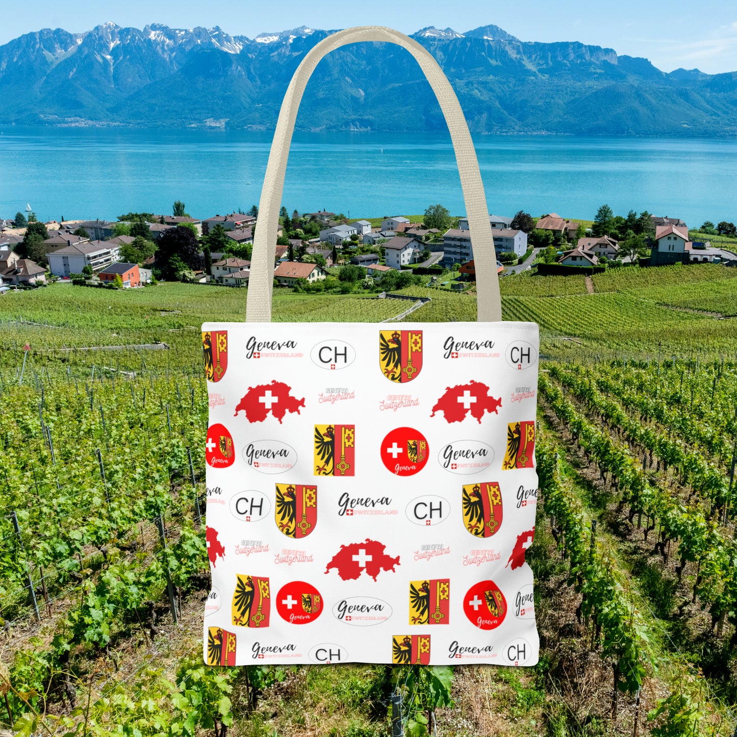 Swiss Splendor Tote: Geneva Coat of Arms, Flag, and Map Pattern