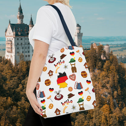 Authentic German Charm Tote: Flag, Traditional Attire, Pretzels, Sausages & More! Ideal for Wanderlust Souls (AOP)