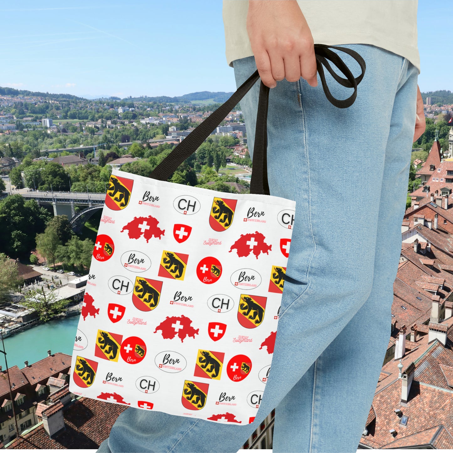 Bern Beauty All Over Tote: Swiss Flag, Coat of Arms & Map Pattern