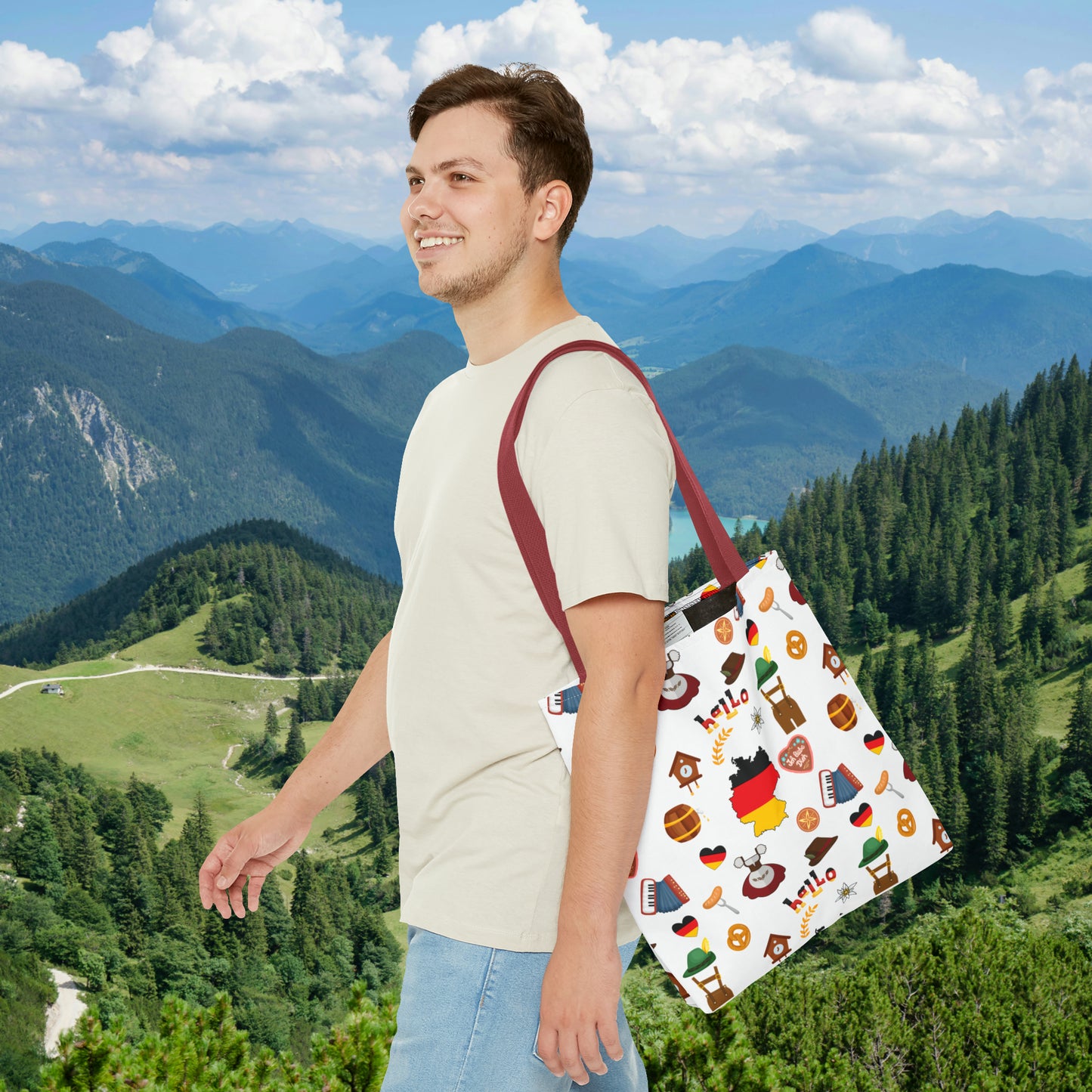 Authentic German Charm Tote: Flag, Traditional Attire, Pretzels, Sausages & More! Ideal for Wanderlust Souls (AOP)