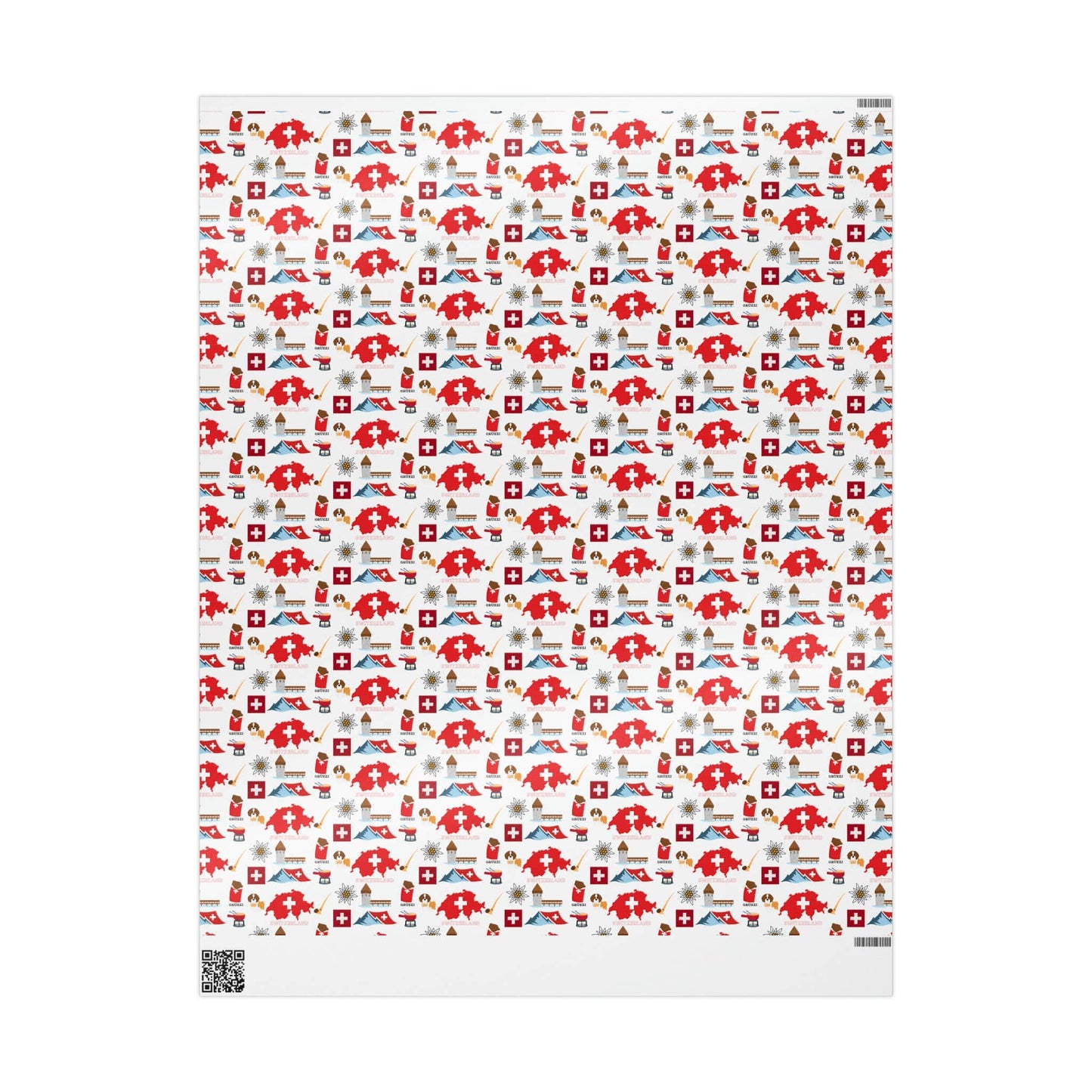 Swiss Travel and Culture Wrapping Paper - Swiss Map, Matterhorn, Edelweiss, Fondue, Chapel Bridge