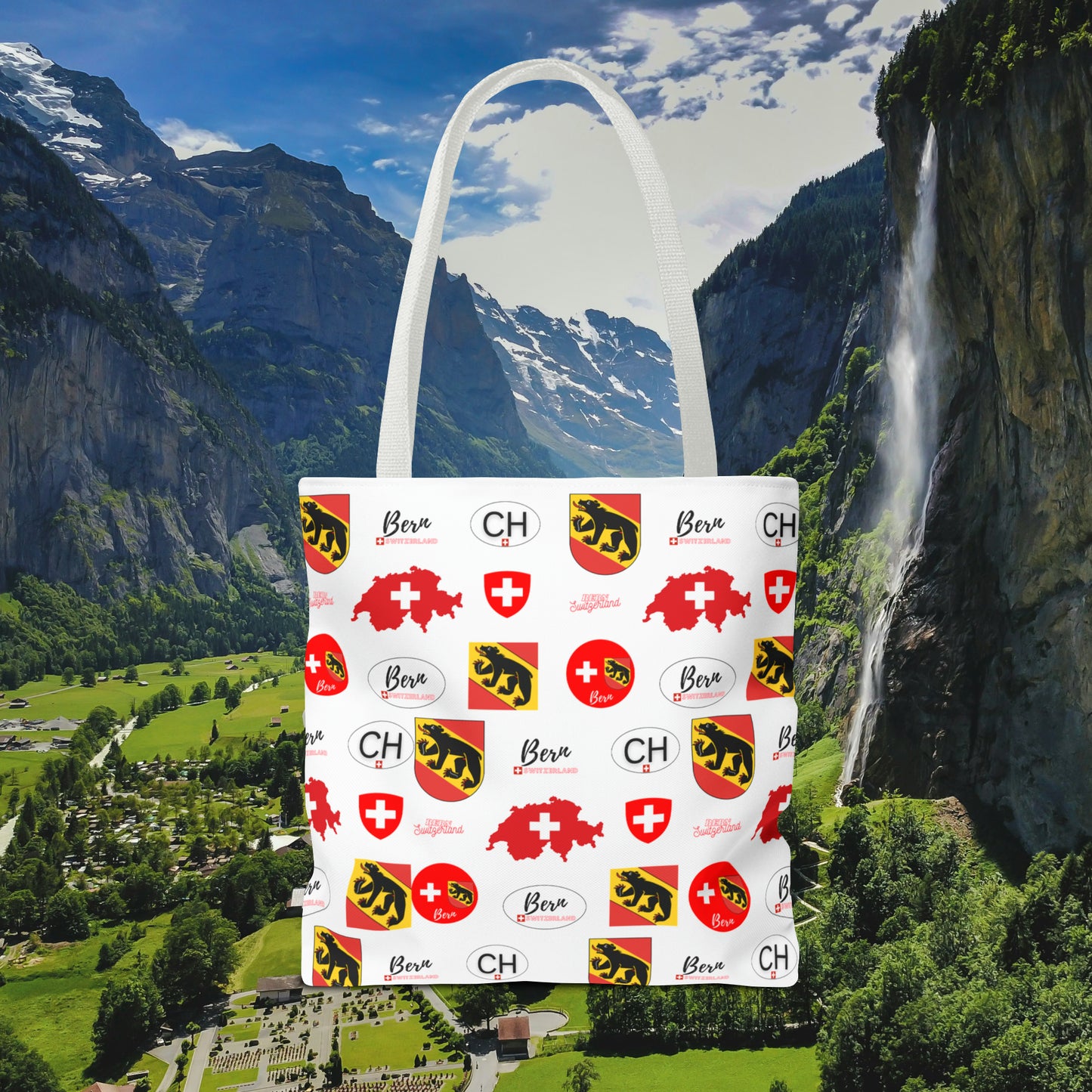 Bern Beauty All Over Tote: Swiss Flag, Coat of Arms & Map Pattern