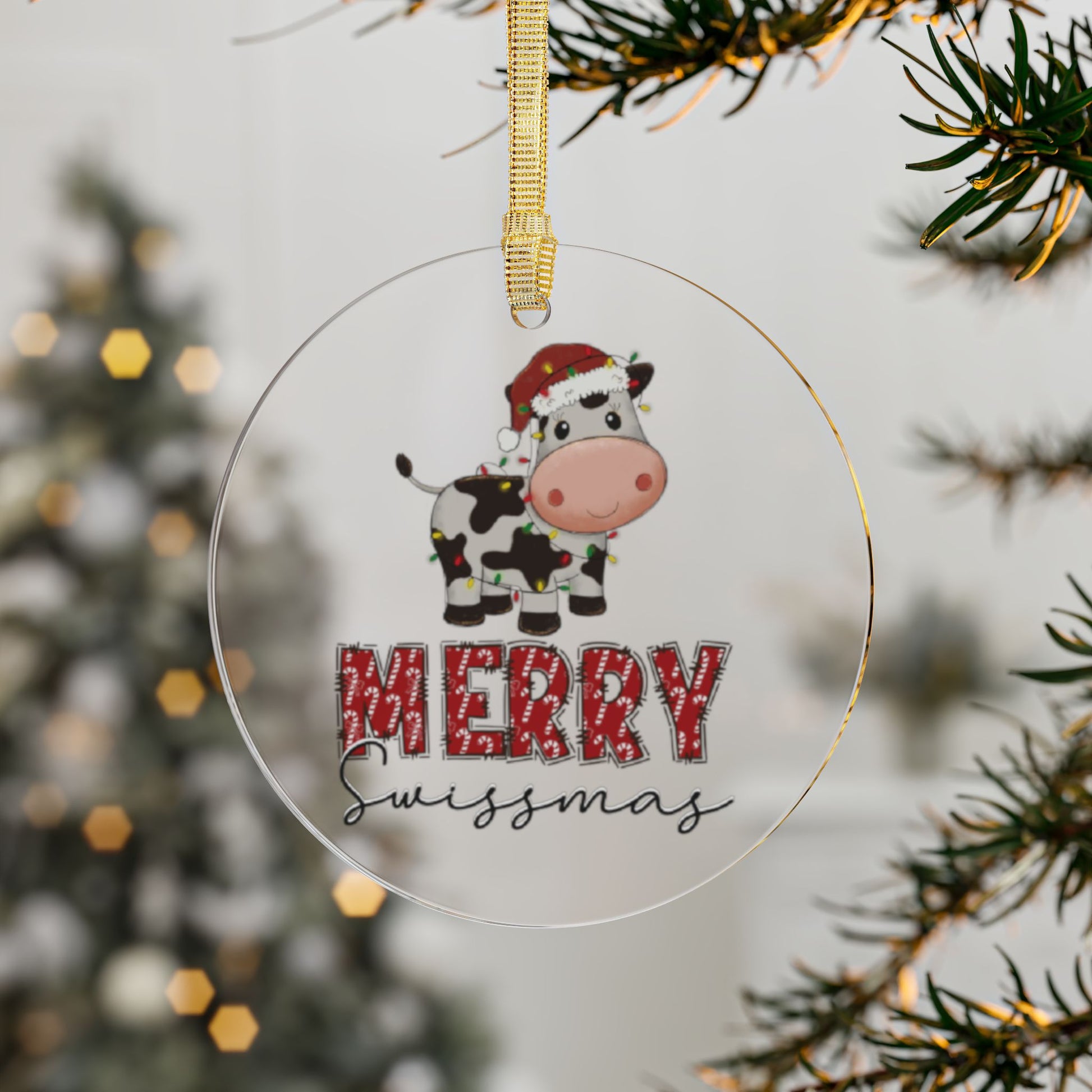 Merry Swissmas cow ornament for Swiss-inspired Christmas decoration